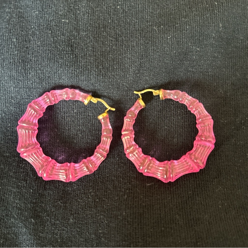 Indie designer wolf & badger resin bamboo pink Barbiecore hoop earrings